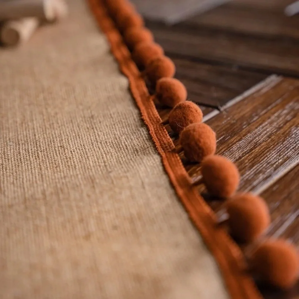 Boho Pom Pom Table Runner 87” Neutral Beige Rustic Farmhouse Dining Decor